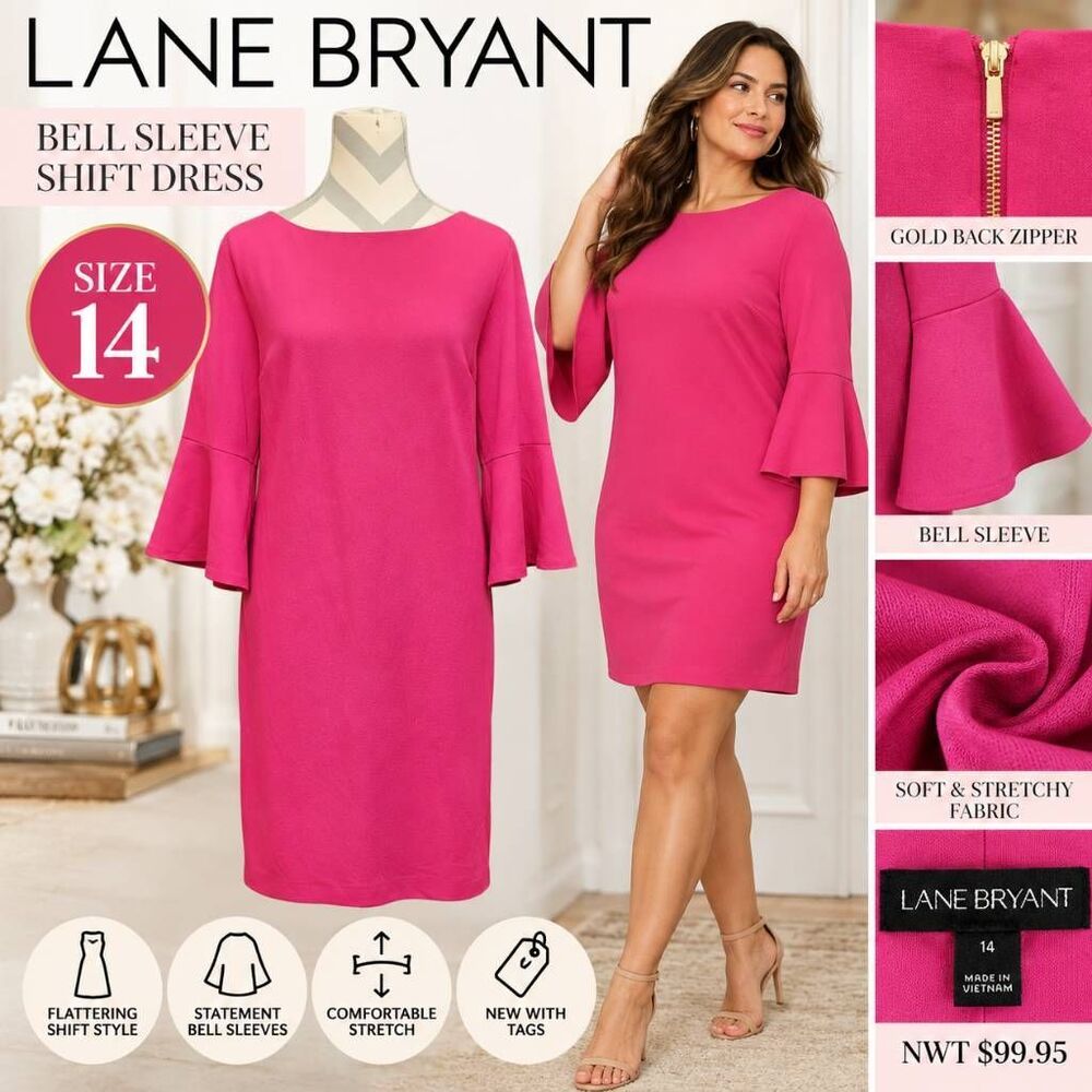 Lane Bryant Women’s 14 Pink Bell Sleeve Shift Dress Gold Zip NWT $99.95